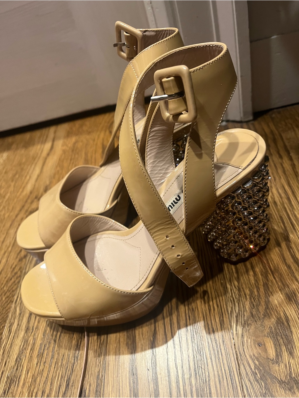 Miu Miu Beige Jeweled Block Heel Sandals With Ankle Strap